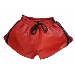 Men Red Real Leather Shorts w/ Elastic Band