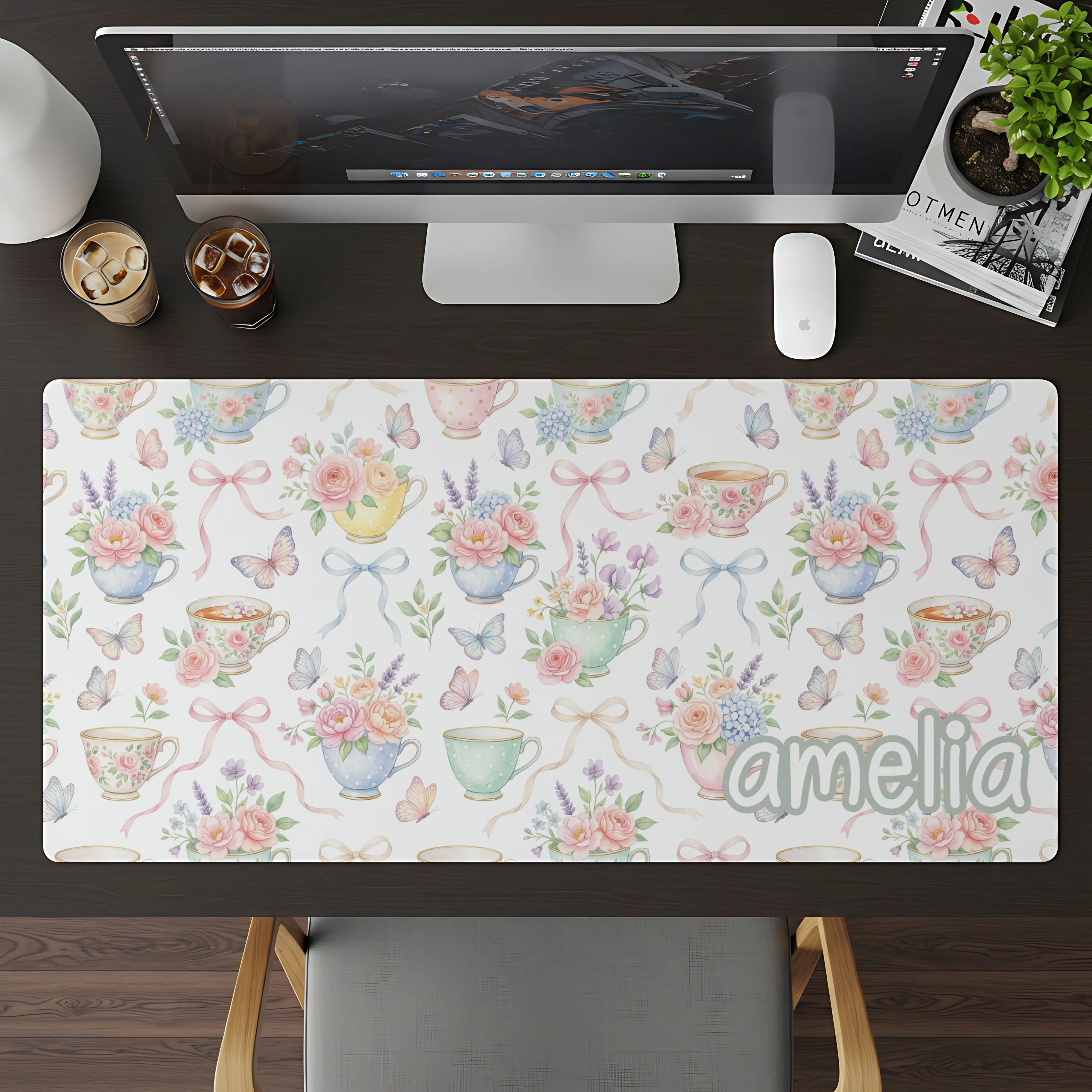 Mother's Day Tea Personalized Desk Mat, Tea Drinker Gifts, Cottagecore Deskmat, Coquette Desk Accessories, Custom Deskpad, Preppy Desk Decor