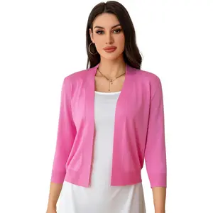 Women's Cropped Open Front Knit Cardigan V-Neck 3/4 Sleeve Lightweight Bolero Short Shrugs Sweaters Tops (Pink/M)