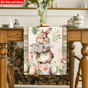 Vintage Easter Table Runner Featuring Rabbit Egg and Floral Patterns  Polyester Farmhouse-style Easter Table Runner Dining Room and Tabletop Decoration