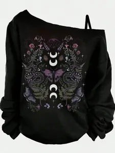 Y2K Dark Academia Witchy Snake Moon & Butterfly Graphic, Print Cotton Long Sleeve Oversized Sweatshirt, Aesthetic Occult Pastel Goth Cottagecore Casual Pullover, Celestial Mystical Boho Hippie Comfortable Loose Fit Top for Teens Adults