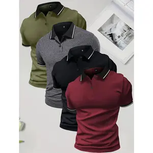 4-piece set of solid color short sleeves, regular fit, knitted fabric, 95% polyester, 5% elasticity, collar, button details, slight elasticity, casual sportswear top, men's beige
