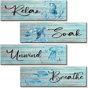 4-Piece Beach-Themed Bathroom Decor Set, Turquoise Sea Turtle Wall Art, Fun Ocean Wooden Signs for Home & Office, Vintage 10x4 Inch Design, Artistic, Decorative Artwork