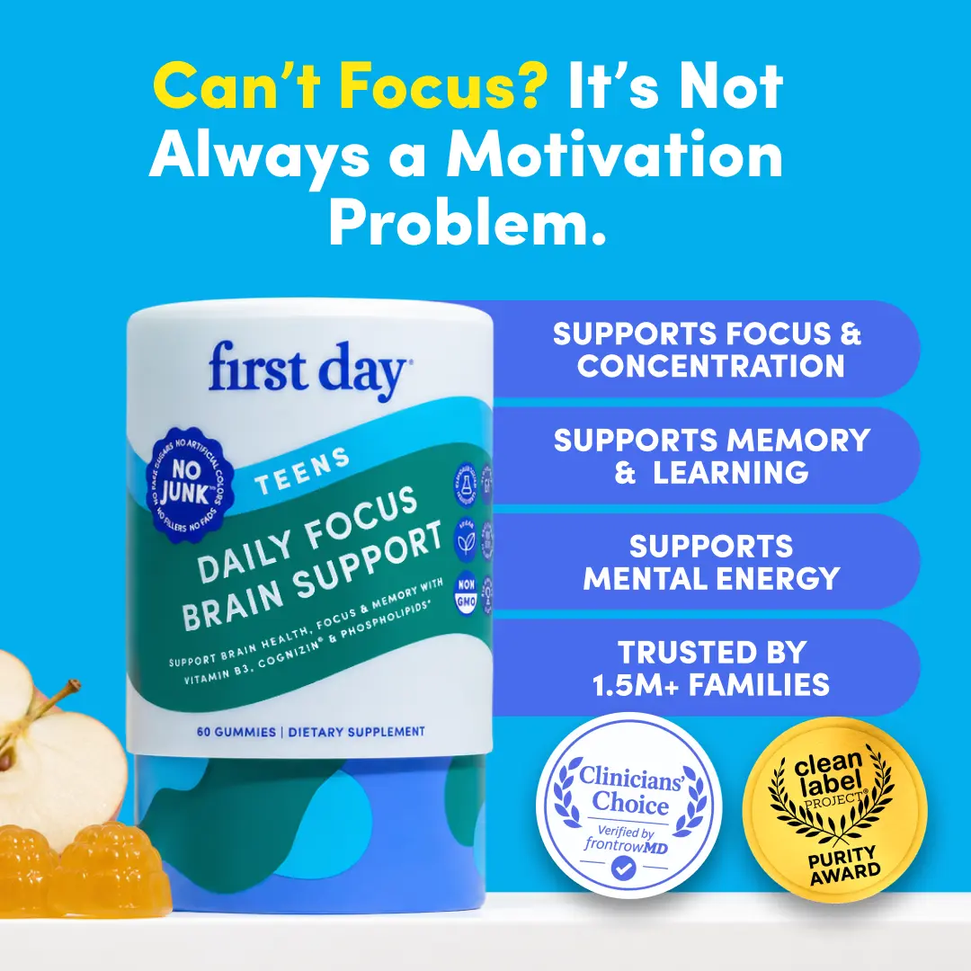 First Day Teen Focus Gummies Ages 13-17, Natural Apple Flavor — Cognizin Citicoline, Phosphatidylserine, Vitamin B3 — Focus, Memory, Mental Clarity, Brain Energy — Caffeine-Free, 30-Day Supply, Vegan, Non-GMO, No Junk Edible Healthy