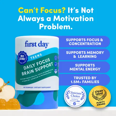 First Day Teen Focus Gummies Ages 13-17, Natural Apple Flavor — Cognizin Citicoline, Phosphatidylserine, Vitamin B3 — Focus, Memory, Mental Clarity, Brain Energy — Caffeine-Free, 30-Day Supply, Vegan, Non-GMO, No Junk Edible Healthy