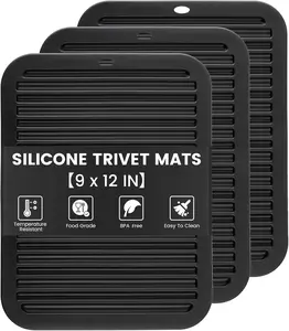 3 PCS Silicone Trivets for Hot Pots and Pans 9"x12" Heat Resistant Mat Hot Pads for Kitchen Quartz Countertops - Dish Drying Mat Non-Slip Potholders Pot Holders Trivets for Hot Dishes - Black