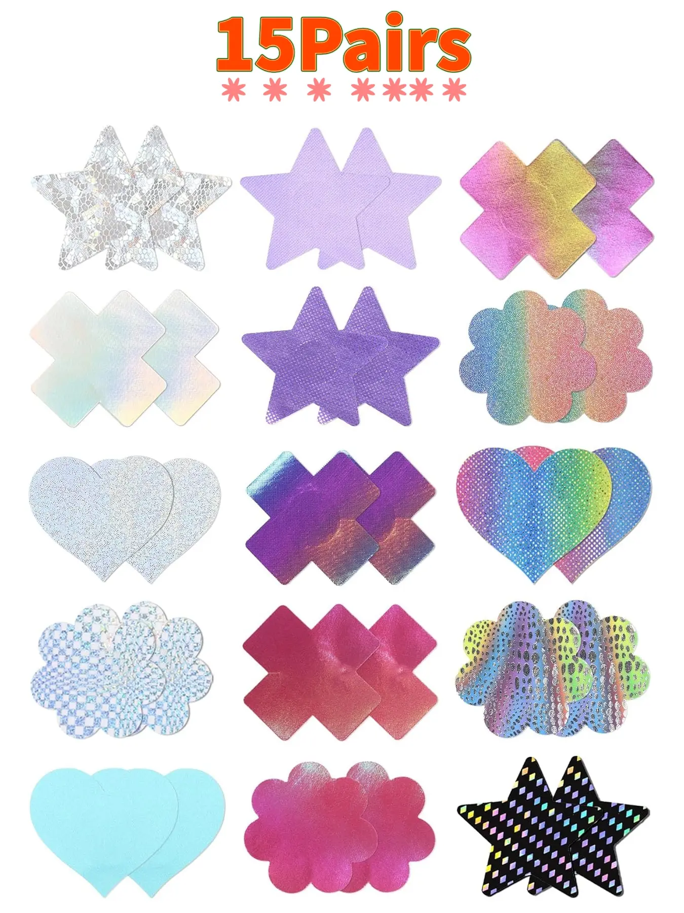 15 pairs of female breast patches, party coverage stickers, thin heart-shaped star-shaped chest stickers, fashionable accessories for wedding and party use, Breast Chest Pads