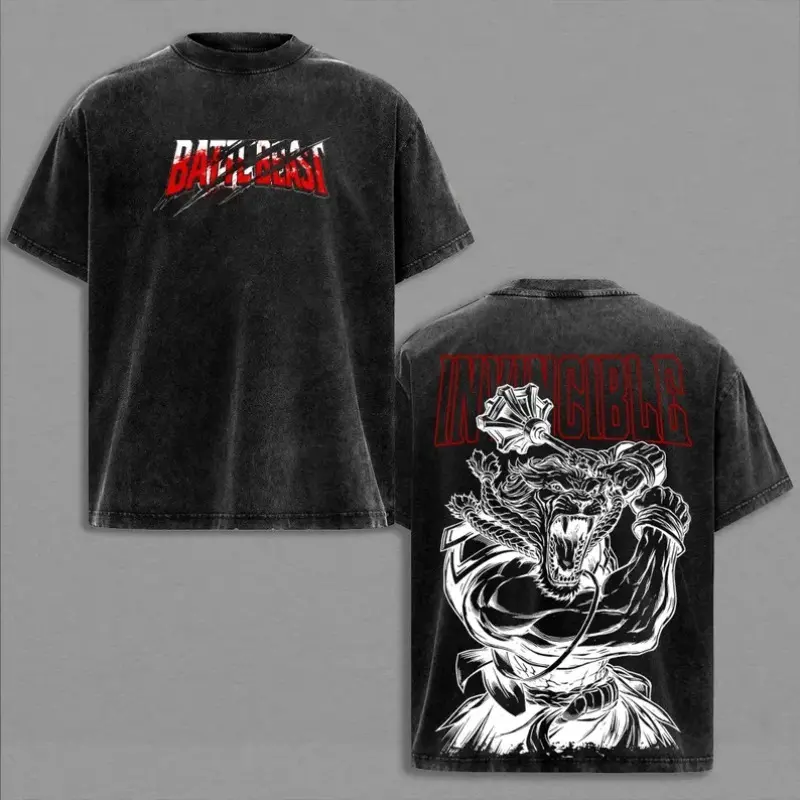 Black Vintage Washed Battle Beast Invincible T Shirt Retro Metal Print Short Sleeve Crewneck Oversized Streetwear Top for Battle Beast Fans        3 ， ，