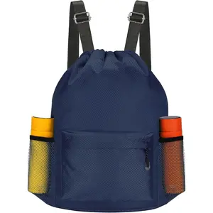 Drawstring Bag, Lightweight String Backpack with Water Bottle Holder and Pockets, Gym  Cinch Sackpack (Blue)