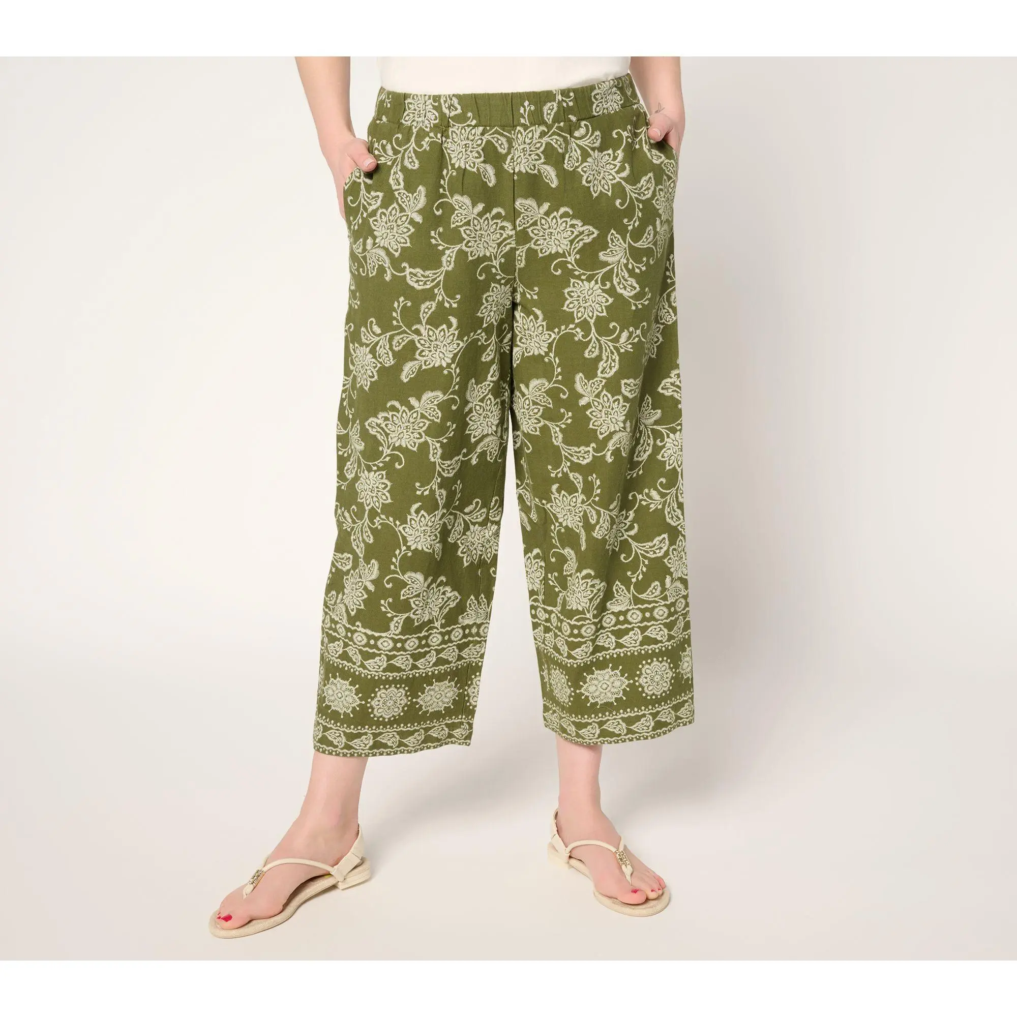 Susan Graver PURE Regular Printed Linen Wide Leg Crop Pants