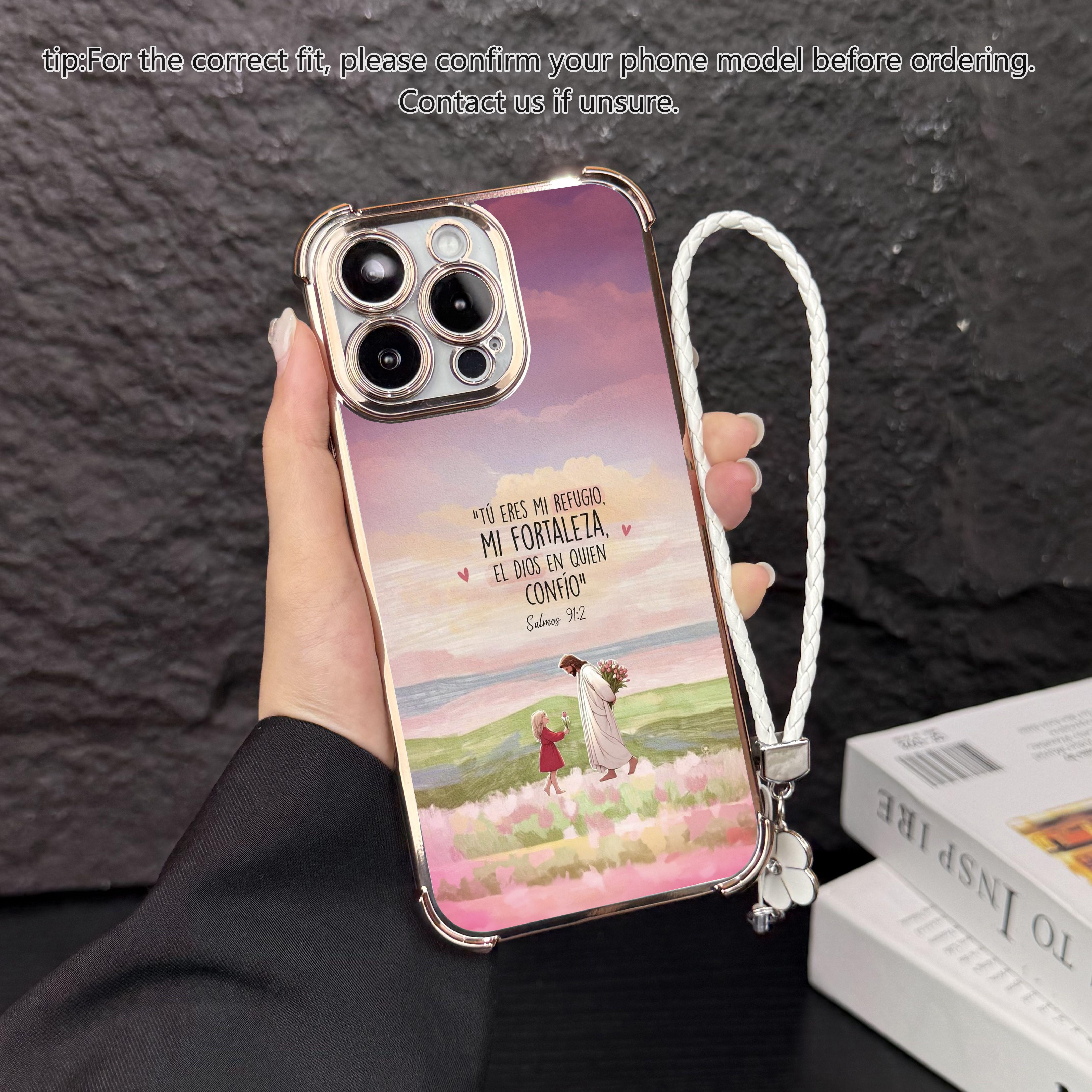 Oil painting style faith hanging rope phone case, airbag anti fall protection, electroplated border TPU phone protective case, suitable for iPhone 17 Pro Max, Air, 16, 15 Plus, 14, 13, 12, 11 and Samsung Galaxy S25, S24, S23, S22 Christ phone cases. A161