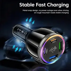 75w 4-In-1 Car Charger with Super Fast Charging, Stable Fast Charging, 2 USB & 2 Type-C Ports, RGB Ambient Light, Compatible with iPhone 16 Pro/16/15 Pro/15 & Samsung S25/s24/s23