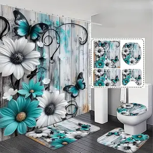1/3/4pcs Fashionable and Simple Teal and White Floral Butterfly Bathroom Decor Shower Curtain Rug Collection Exquisite Practical Home Decoration Gifts