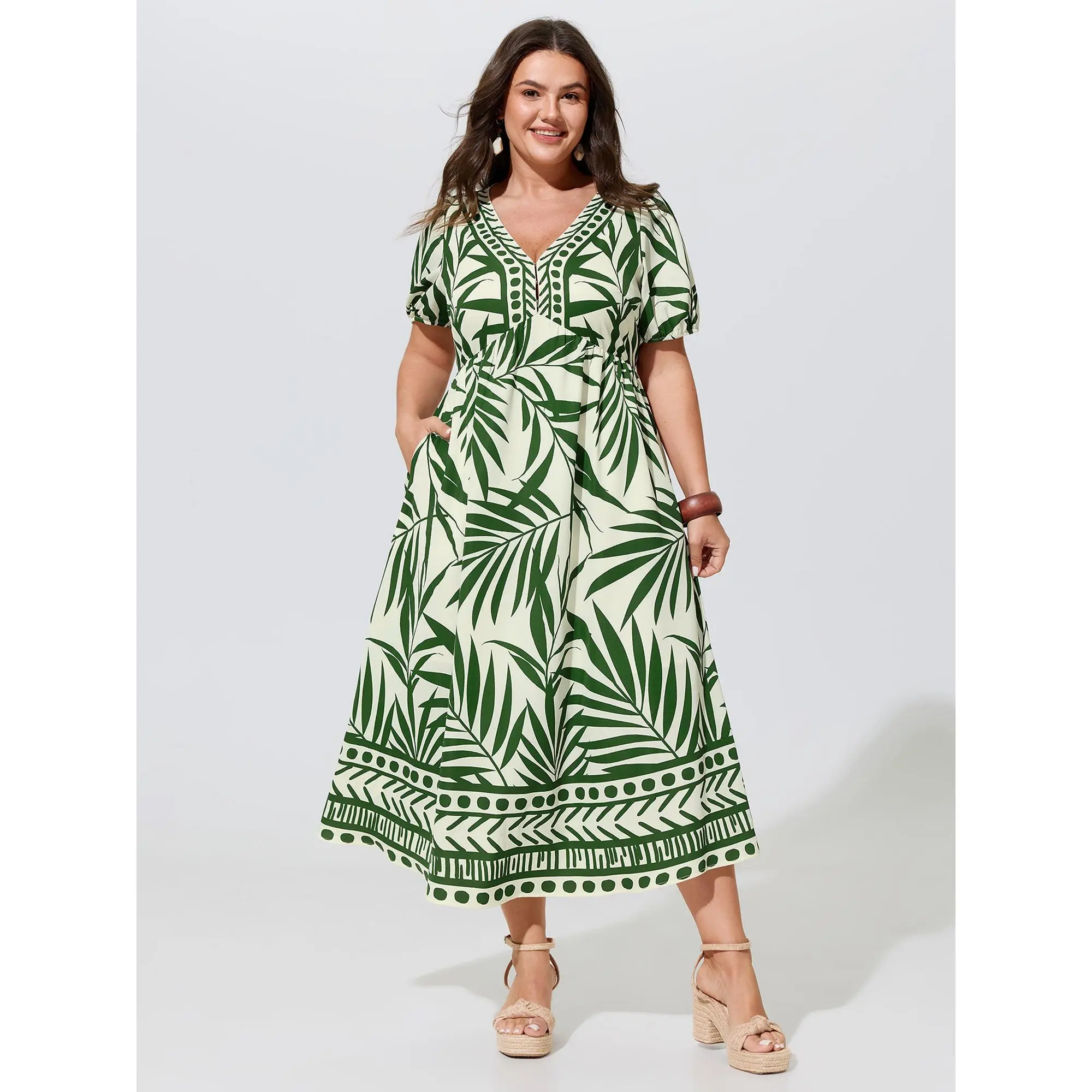 BloomChic Women's Plus Size Polyester Casual Tropical Palm Print Short-Sleeve V-Neck Midi Dress with Pocket, Size M-6X, 2026 Summer Outfits & Finds, Smooth, Fabric, Palm Pattern, Tropical Print