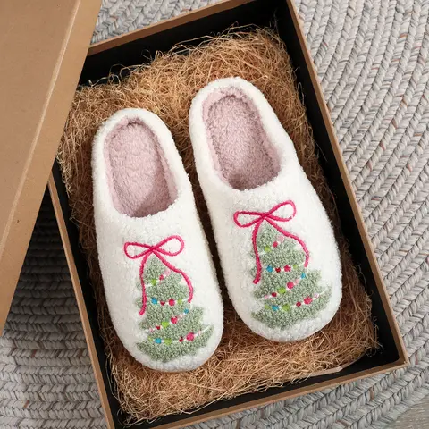 FEITAI Women's Unisex Christmas Plush Bedroom Slippers - 8-8.5 Men/9-9.5 Women Ankle Flat Slippers, Bowknot Design Tree Pattern, Slip-On Warm Fuzzy Footwear for Christmas Party