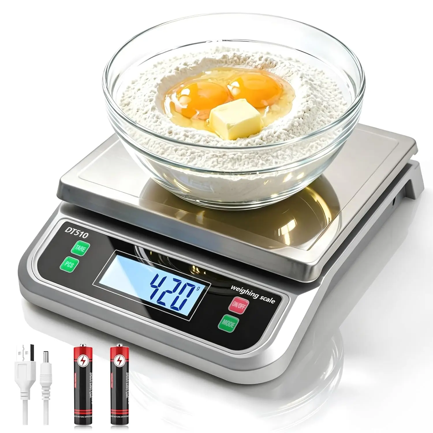 Multi Function Food Scale, 88lb/40kg Capacity, 6-Unit Stainless Steel Scale with Full-View LCD Display, Tare & Pcs Functions for Baking, Cooking (Silver), Multi Function Scale