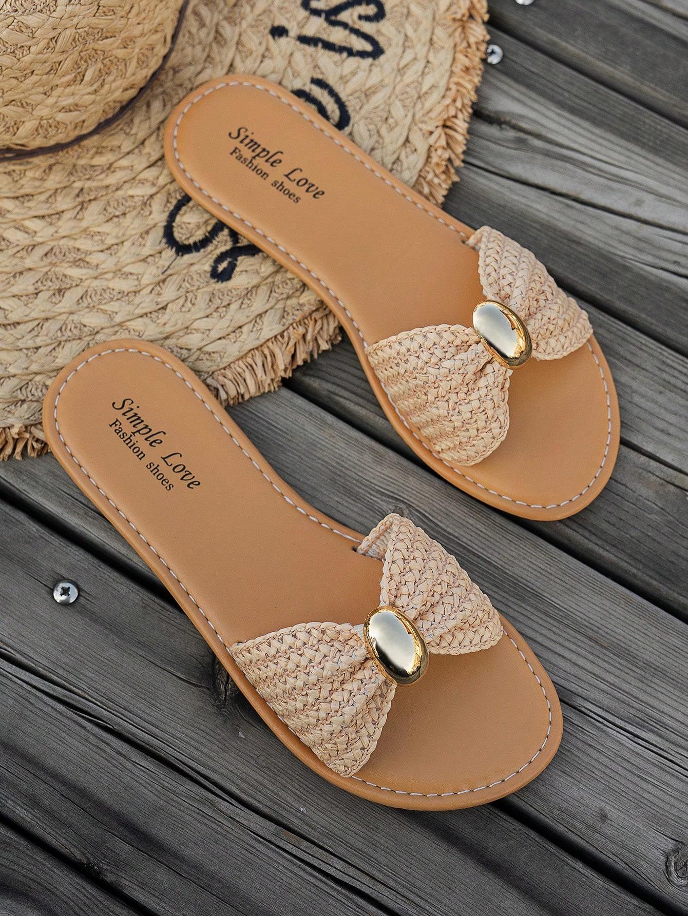 AESS Women's Flat Slip-On Sandals - Bowknot Metal Decor, Straw Woven, Open Toe, Braided Strap, Ruffle Accent, Animal Print Option, Comfortable Vacation Footwear for Plant Lovers