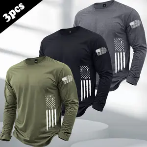 Men's Fashion Trendy 3-Piece Long Sleeve T-Shirt American Street Style USA Flag Print All-Season Suitable Men's Top Outdoor Sports and Exercise Appropriate Athletic T-Shirt Perfect Gift for Boyfriend Stylish Long T-Shirt