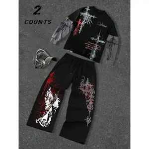 Neutral set, Gothic pattern and cross stitch design, printed t-shirt and sports pants, lightweight for spring and autumn, retro style, Y2K style, suitable for streetwear, casual sportswear, men's wear, men's gifts, fashion wearRAIMENTRY