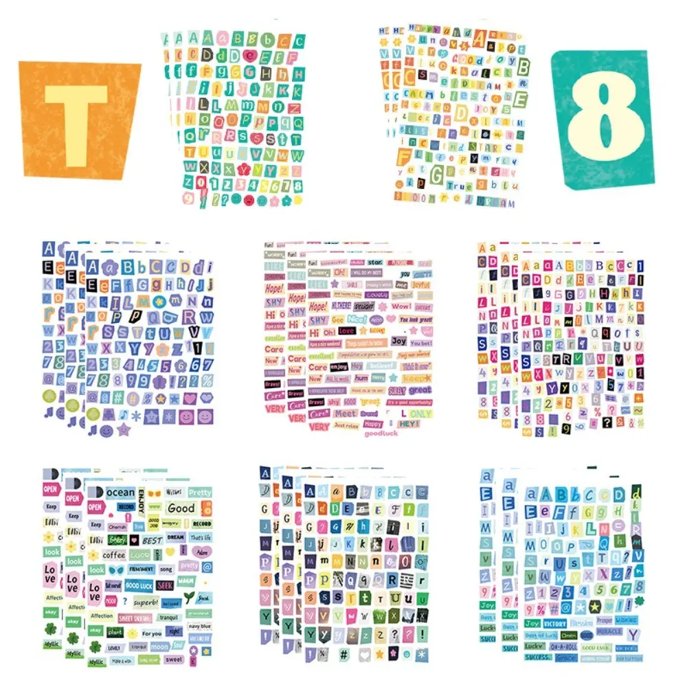 8Pcs Fashion Design Alphanumeric Adhesive Stickers Number Letter Decorative Decal Pack