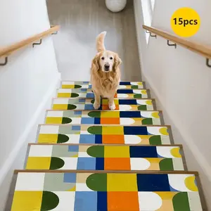 15pcs Colorful Non-Slip Stair Mats, Durable Home Stair Rugs, Pet-Friendly Stair Protectors, Decorative Stair Pads, Household Use