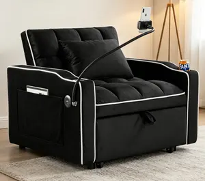 Multi-functional Foldable Velvet Sofa Bed - 3-Length Options, Adjustable Back, USB Port, Phone Stand, Ashtray - Living Room Indoor Furniture Lounger Chair