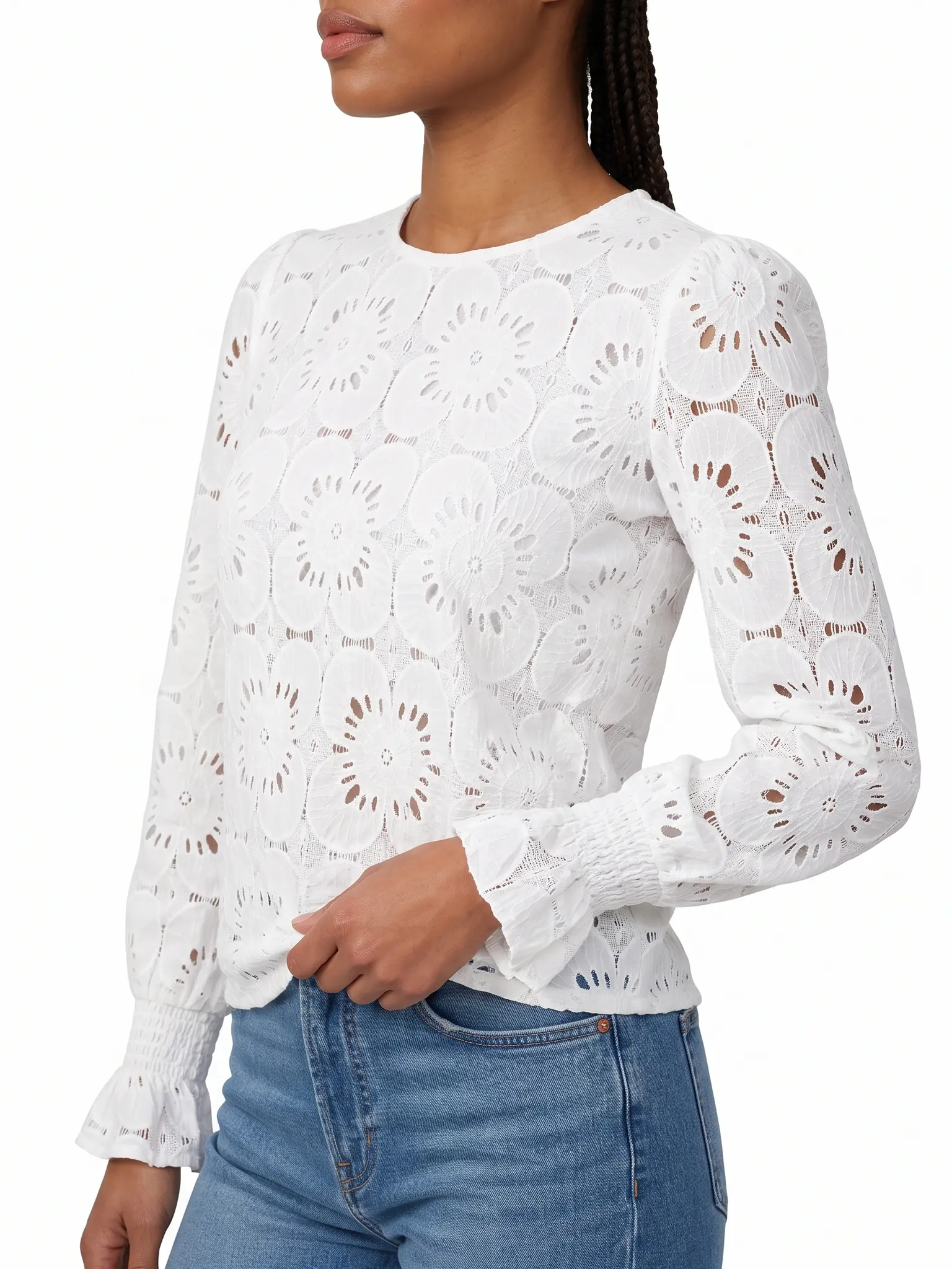 Women's Floral Embroidered Crochet Lace Shirt with Keyhole Neckline for Street Style and Fall Layering
