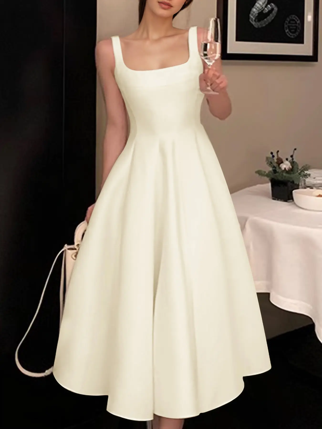 Elegant Chic Minimalist Square Neck Sleeveless Formal Party Dress, Slim Fitted Backless Design, Perfect for Evening Events & Clubwear, Women's Fashion Apparel, Womenswear