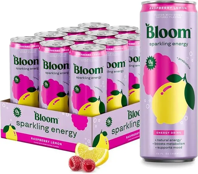 Bloom Nutrition Raspberry Lemon Sparkling Energy Drink - 0 Sugar, 180mg Natural Caffeine, Green Coffee Bean & Green Tea Extract, Prebiotic, 12 oz Cans, 12 Pack