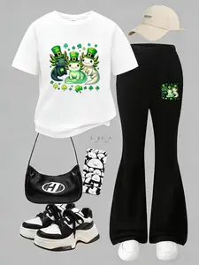 Girls Summer Breathable Comfort Fashion Casual Set Lucky Clover Salamander Cartoon Print, Girls Short Sleeve T-Shirt + Bell Bottoms Two-Piece (3-12)