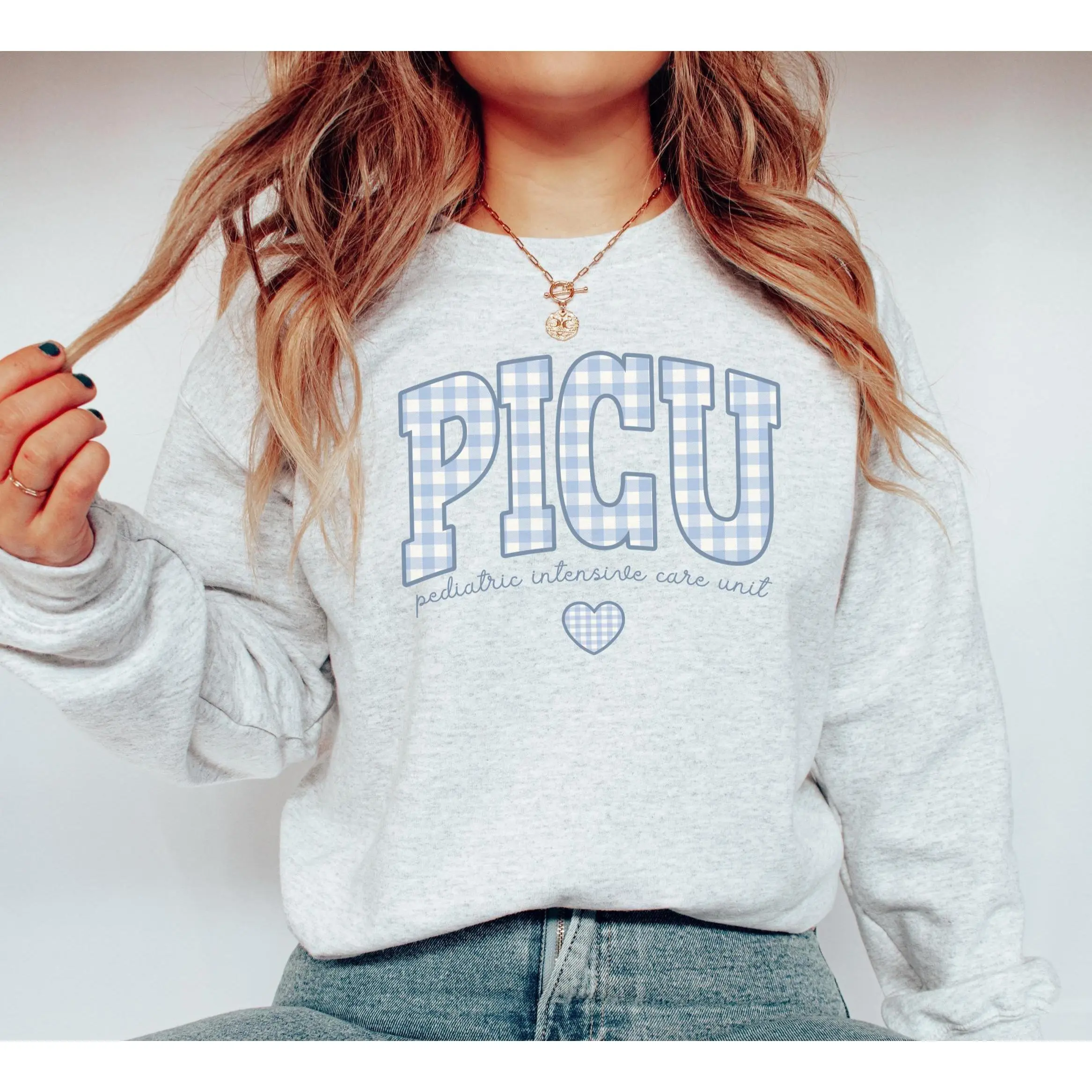PICU T-Shirt or Sweatshirt • Pediatric ICU Nurse Blue Gingham Heart Work shirt ,  PEDS Icu Nurse tshirt, Picu Nurse shirt Cotton Bottom Fabric
