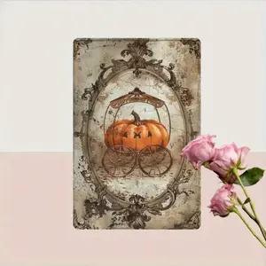 Vintage Halloween Pumpkin Carriage Wall Decor - Aluminum Art Sign for Home Garden Cafe Bar Farmhouse Indoor Outdoor Display
