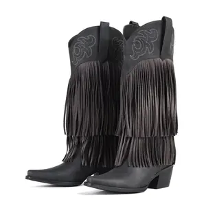 Womens Fringe Cowboy Boots Knee High Boot Pointed Toe Chunky Block Heel Side Zipper Pull On Fashion Retro Chic Party Date Dress Concert Western Classic Trendy Cowgirl Long Booties