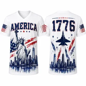 USA Patriotic V-Neck Sports Shirt for Men Women, America 1776 Statue of Liberty City Graphic Tee, Red White Blue Flag Print Athletic Top
