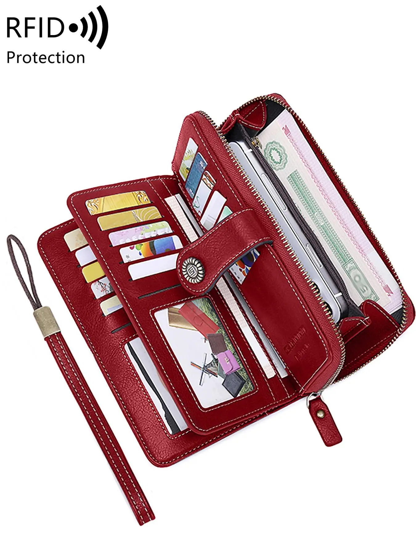 Women's Elegant Solid Color Long Wallet with Wrist Strap, Multi-functional Rfid Protection Zipper Wallet, Large Capacity Wallet for Daily Use, Purse