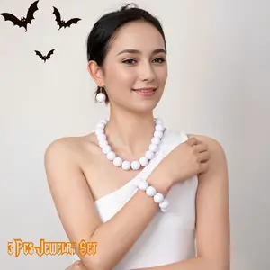 SUOSDEY White Beads Necklace, Costume Jewelry For Women, Cavewoman Strand Necklaces for Halloween Dress, Round, 3pcs