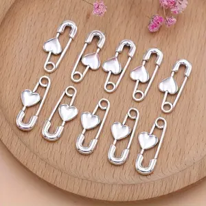 20pcs Silvery Pin Brooch Charms - DIY Pendants for Jewelry Making, Handmade Necklace & Earrings Accessories, Heart Shaped Pendant