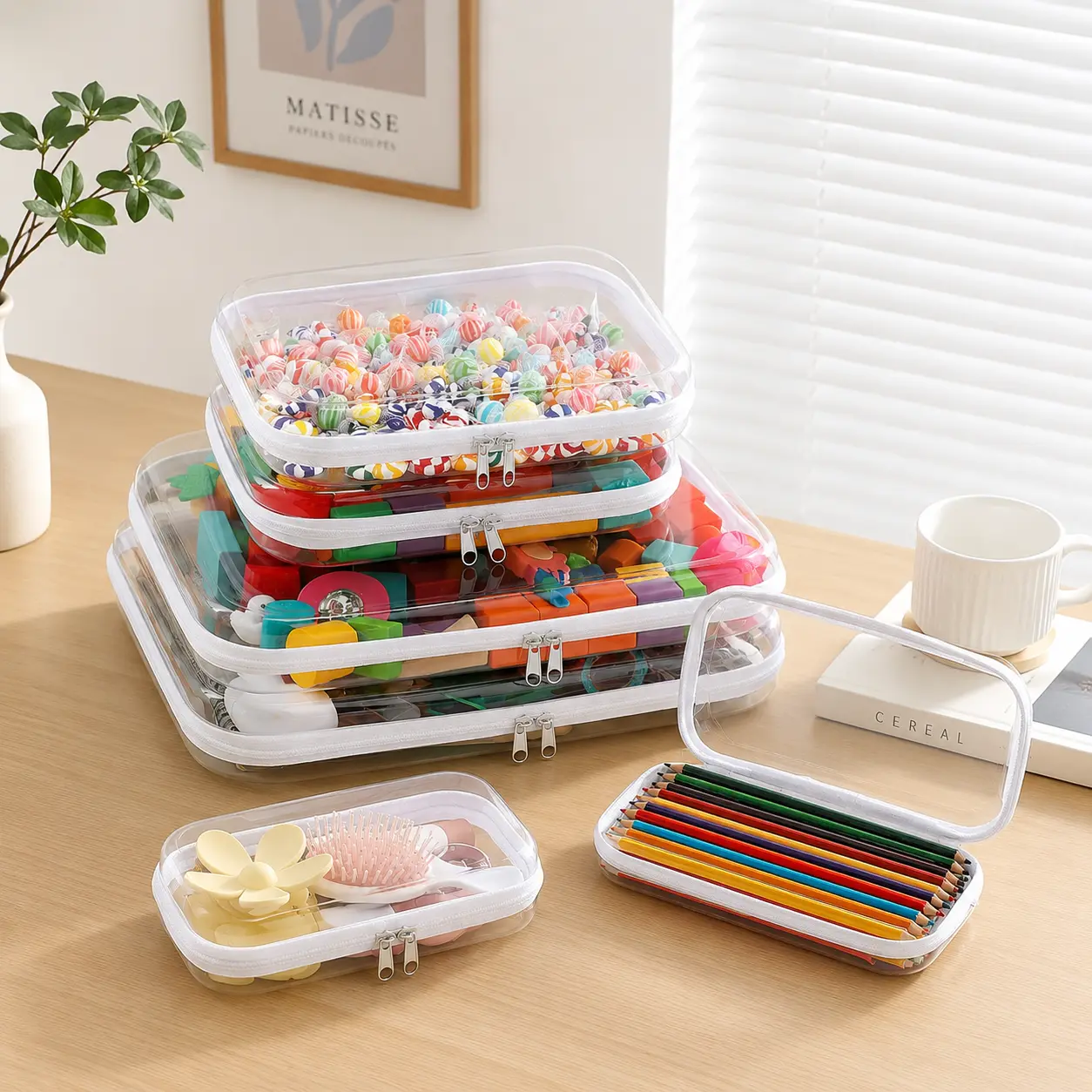 Organizer Set 3-Pack, Transparent Hard Plastic Cases with Double Zipper, Large Water Resistant Storage for School, Travel & Makeup, Organizers