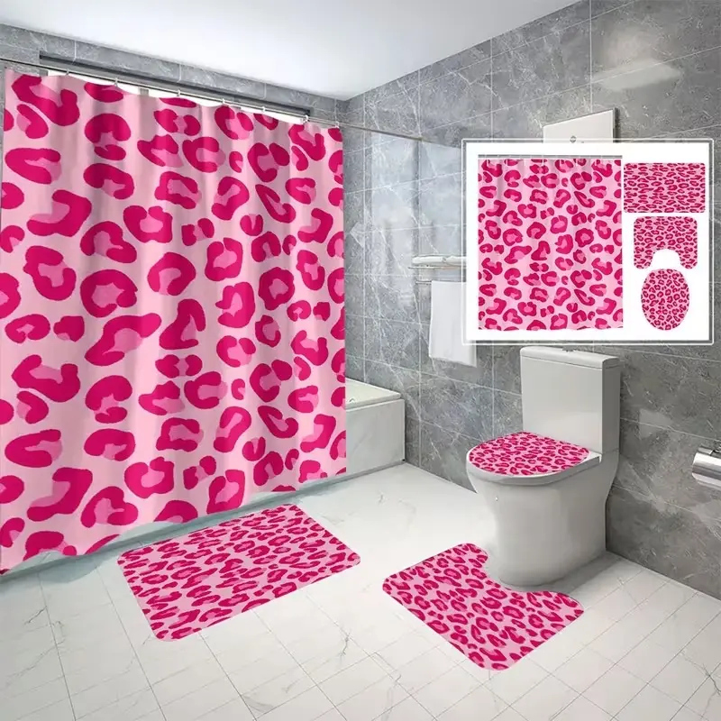 1/4-piece Valentine's Day Pink Leopard Print Bathroom Shower Curtain Sets, Bathroom decoration accessories, with non-slip mat, U-shaped rug, and toilet seat cover. Perfect for bathroom decoration. Comes with 12 shower curtain hooks, Bathroom Supplies