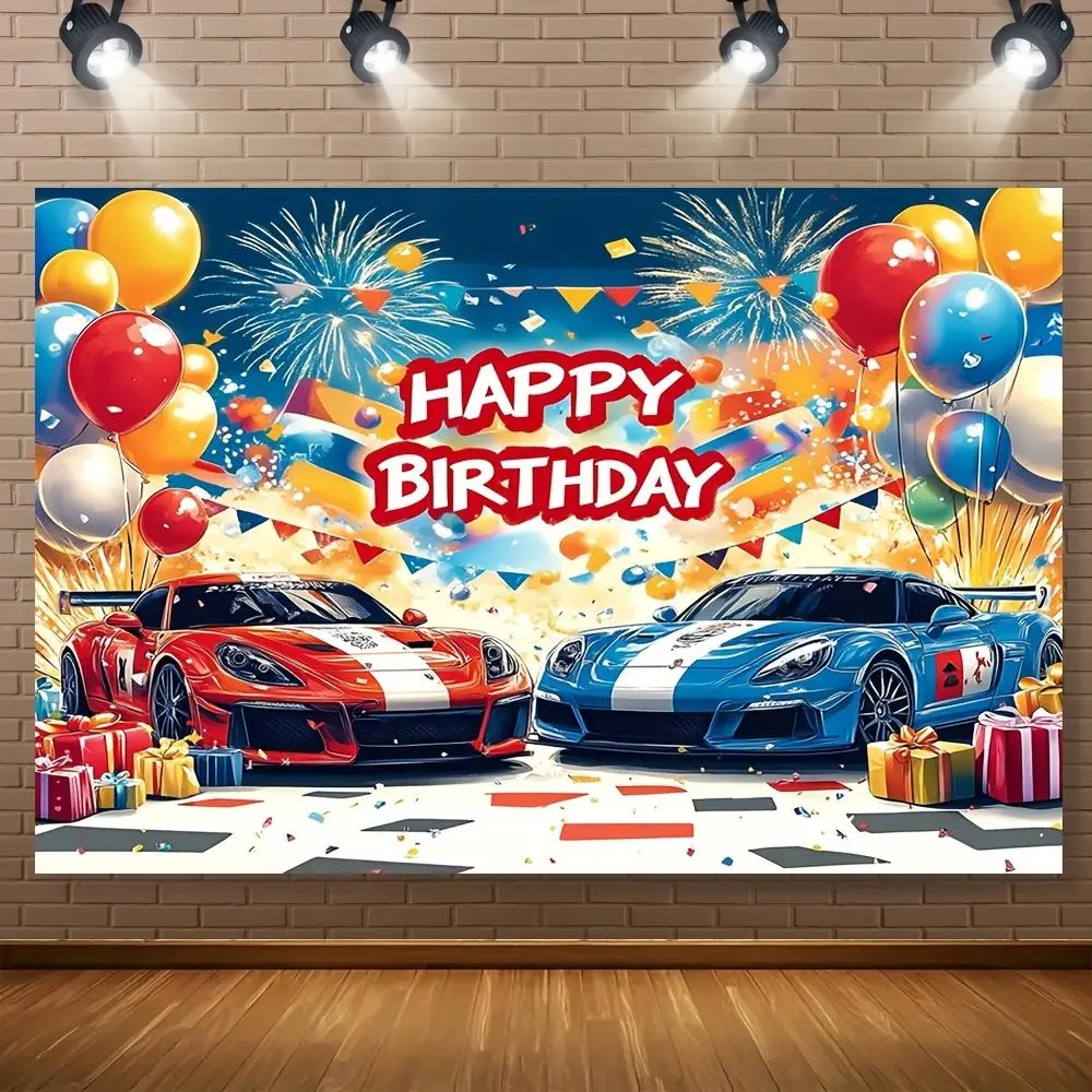 1pc 2D Flat Vibrant Cartoon Racing Car Graphic Text Throw - Polyester "Happy Birthday" Text, Red & Blue Sports Cars, Balloons, Fireworks Decor, Home Soft Furnishing, Birthday Gift, Graphic Text Throws