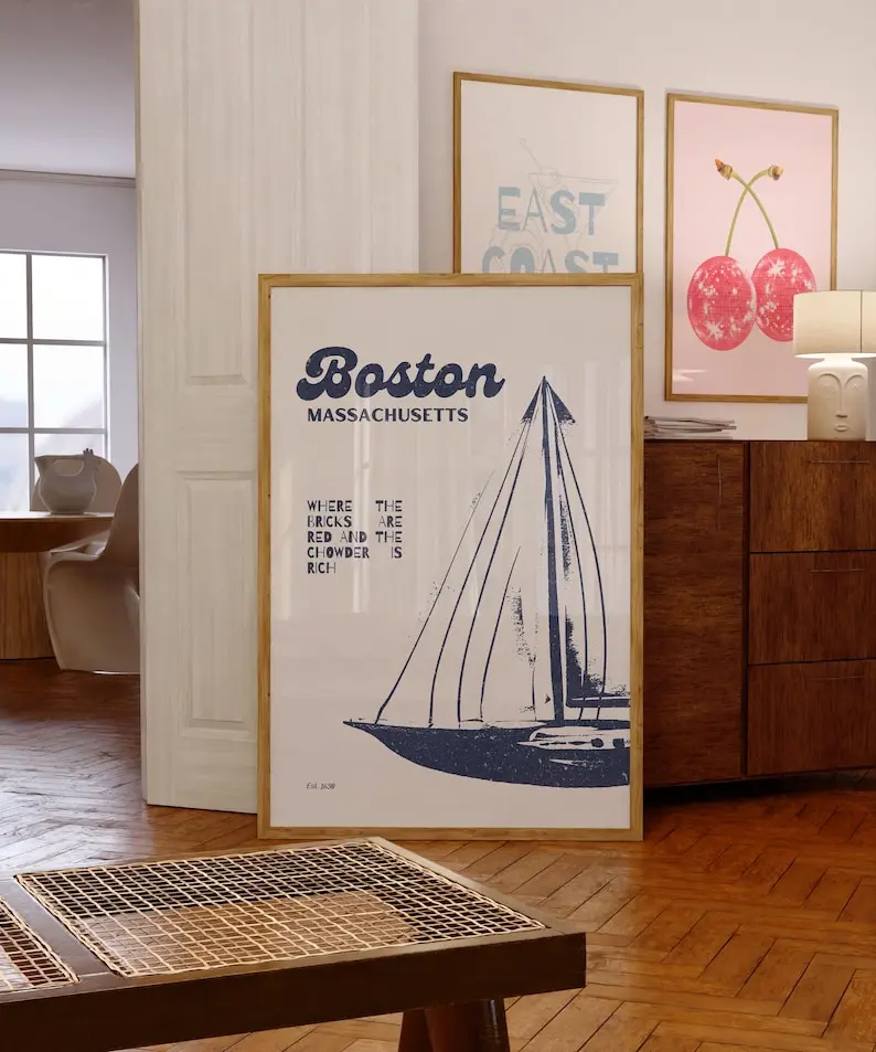 Retro Boston Travel Print: Vintage Sailboat Art, New England Décor