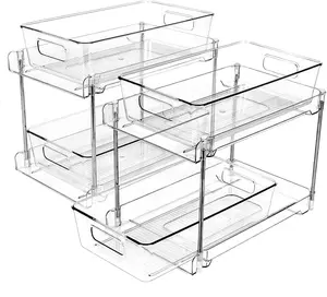 2 Pack Bathroom Organizers and Storage, 2-Tier Clear Under Sink Organizer, Vanity Counter Organizer, Medicine Cabinet Organizer, Pull-Out Cabinet Organizer With Track For Bathroom, Kitchen, Pantry
