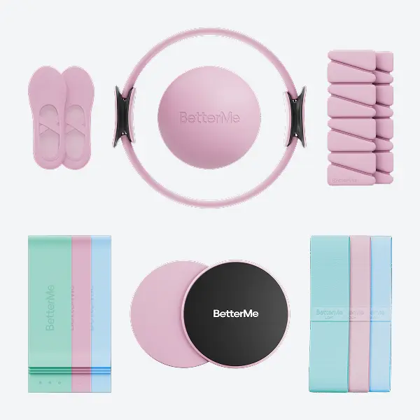 BetterMe Raspberry Pink Home Pilates Equipment Studio Kit | Ring, Sliders, Workout Bands, Ball & Socks – Full Studio Set for Home, Pilates Ball