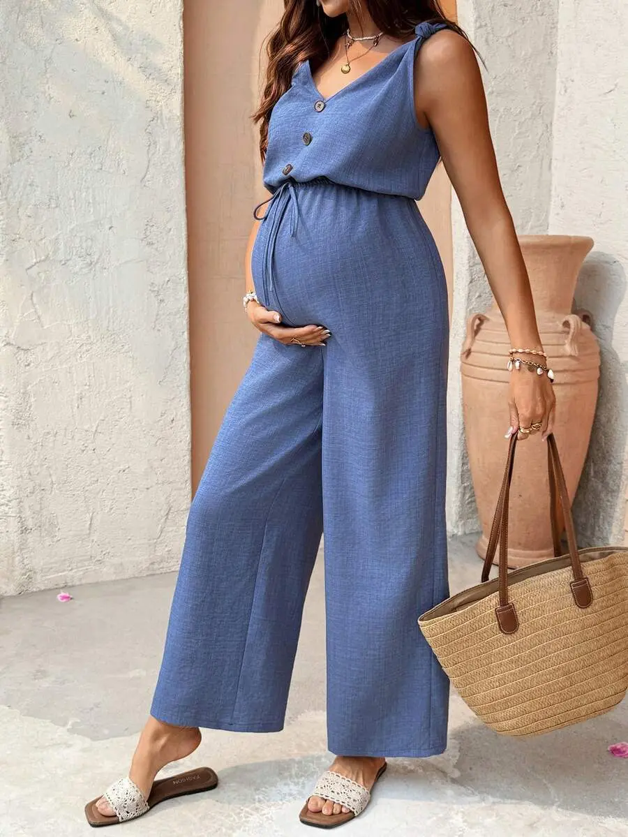 AVENO Maternity Solid Color Button Design Wide Leg Casual Sleeveless Jumpsuit