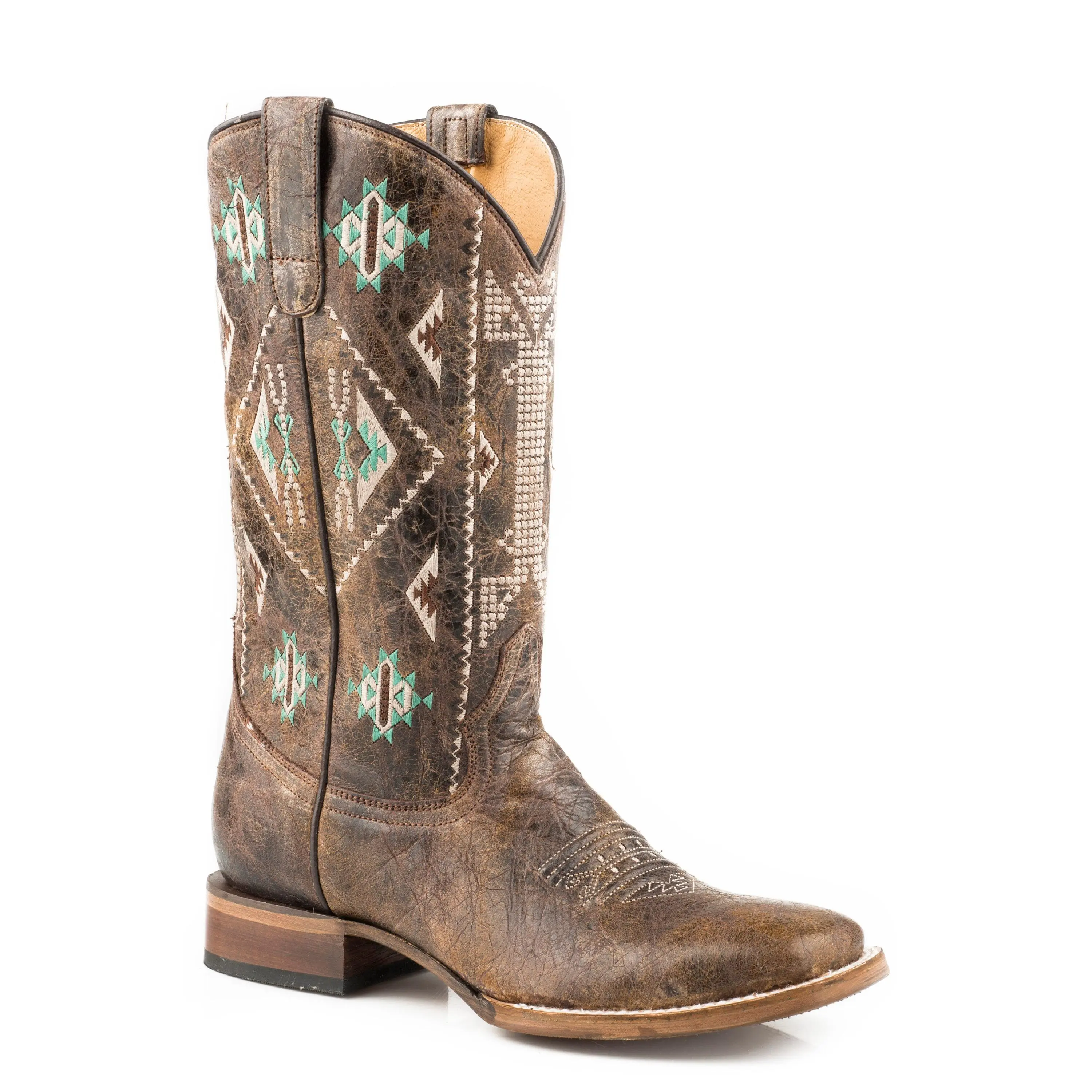 Womens Leather Cowboy Boot Waxy Brown With Embroidered Aztec Design