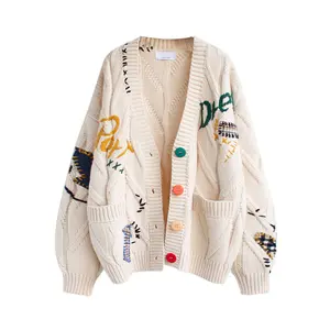 Women's Retro Tweed Color Block Button Embroidery Patchwork Pocket Knitted Cardigan American Loose Casual Outerwear Sweater Cardigan
