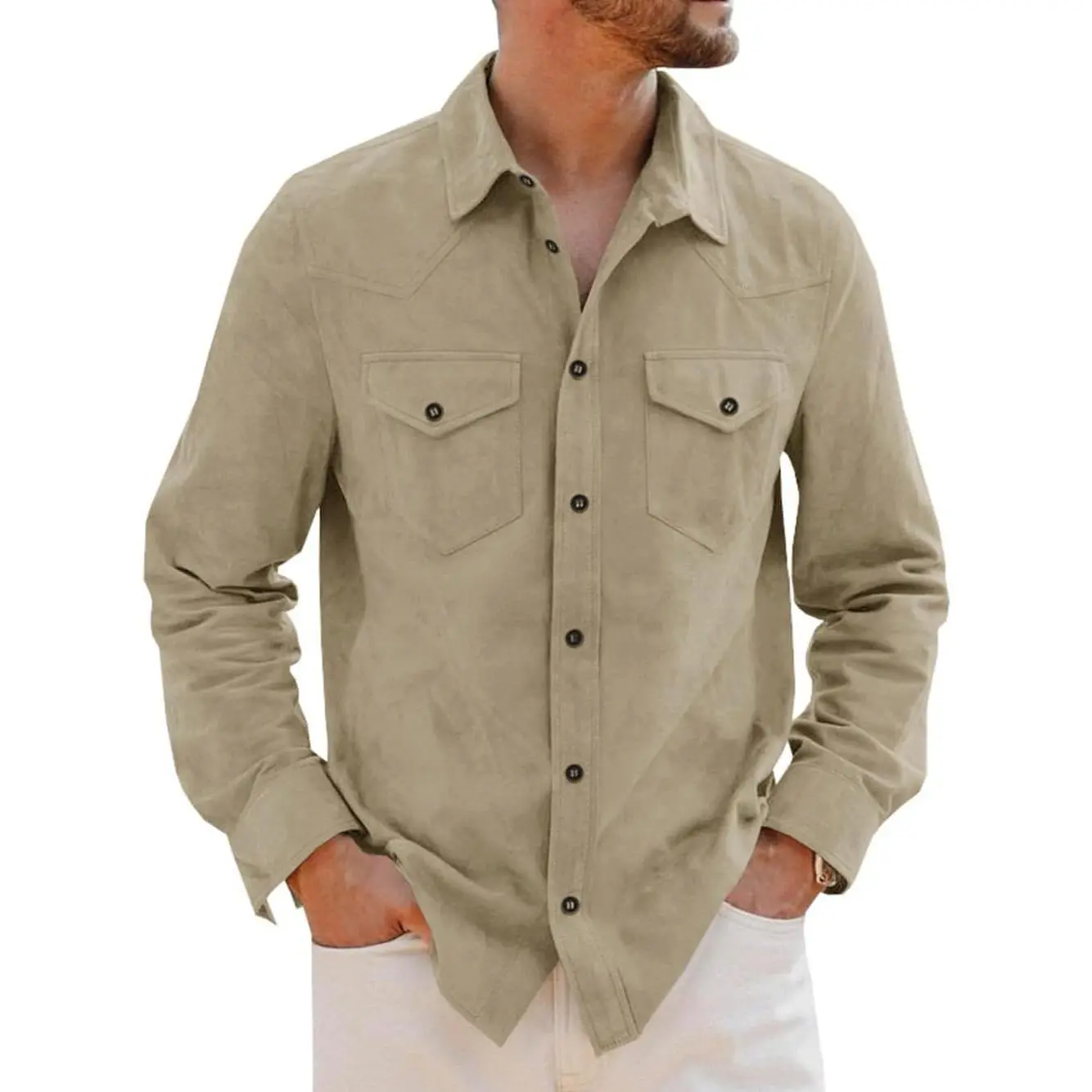 PASLTER Mens Long Sleeve Suede Shirts Button Down Shacket Casual Work Western Regular Fit Shirt Jacket Overshirt Menswear
