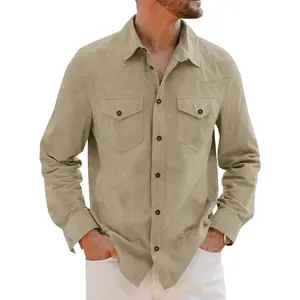 PASLTER Mens Long Sleeve Suede Shirts Button Down Shacket Casual Work Western Regular Fit Shirt Jacket Overshirt Menswear