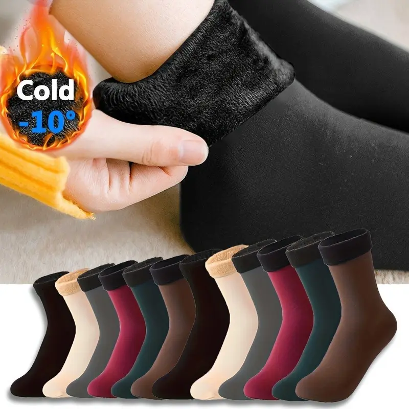 Women's Velvet Crew Socks, 5 Pairs Thick Solid Color Calf High Hosiery, Soft Comfy & Warm for Casual Autumn Winter Wear, Lady, Soft Comfy Hosiery, One Size Fits