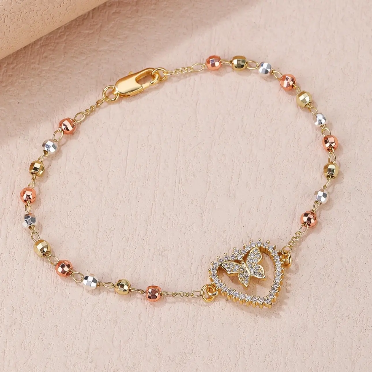 18k  Tri Color heart butterfly Bracelet Pulsera Oro Laminado